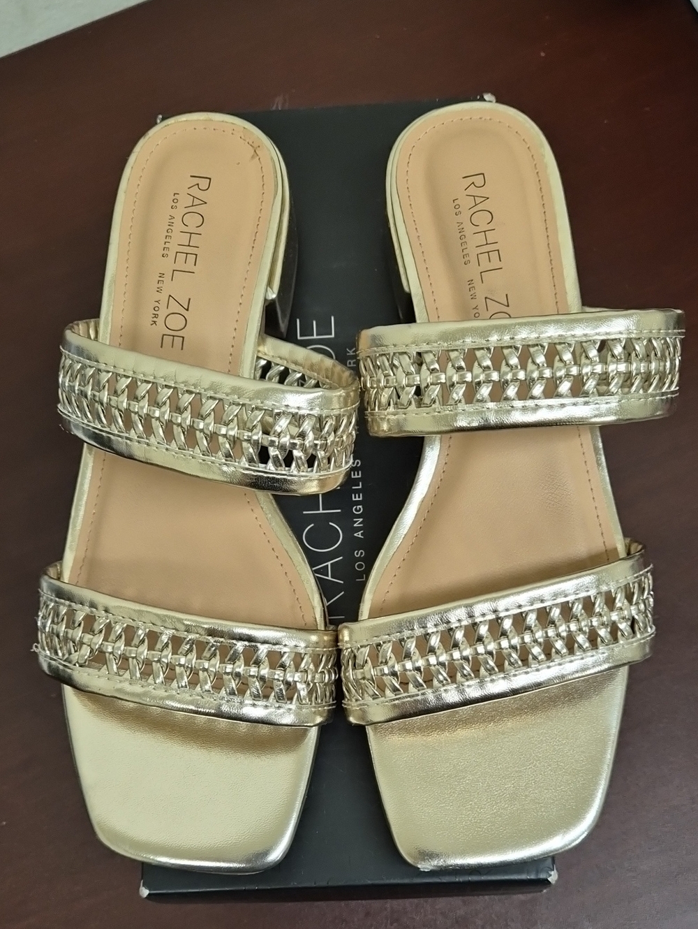 Rachel Zoe Metallic Gold Woven Double-Band Slide Mules | Size 8